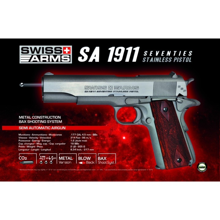 SWISS ARMS 1911 SEVENTIES STAINLESS PISTOL 4,5mm culasse mobile /C6