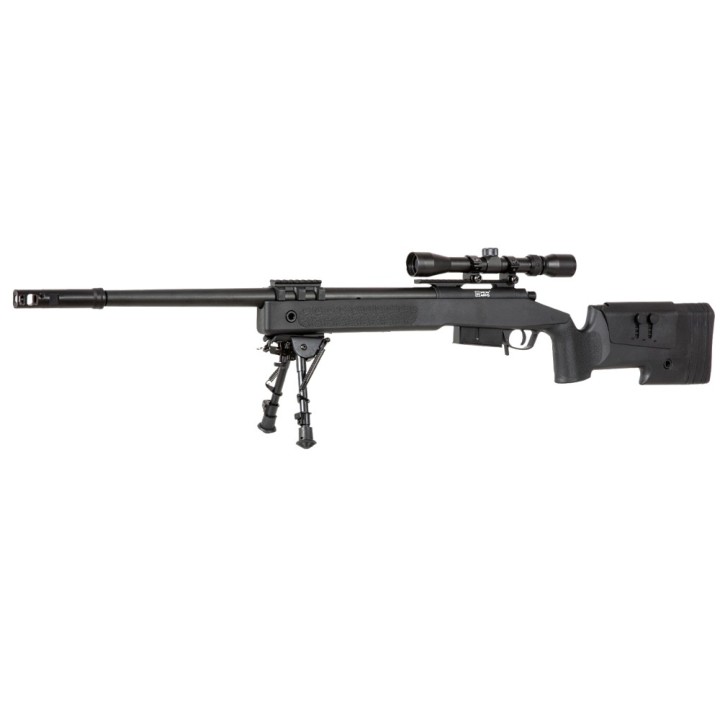 Sniper airsoft sA-S03 CORE™ High Velocity Selector Scope avec lunette et bipied - noir
