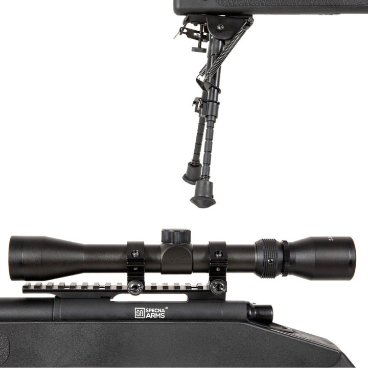 Sniper airsoft sA-S03 CORE™ High Velocity Selector Scope avec lunette et bipied - noir