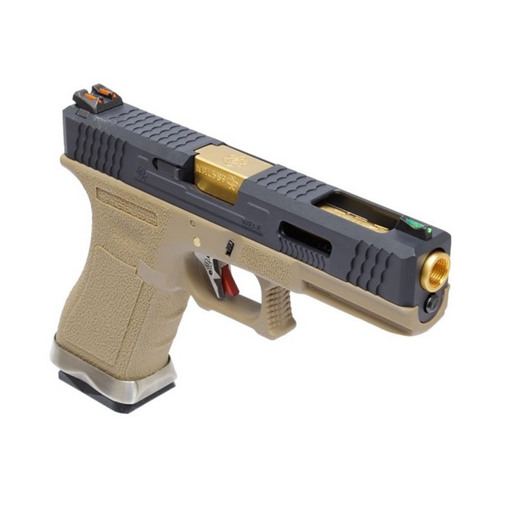 Réplique airsoft GBB WE R17 – look custom tan/doré