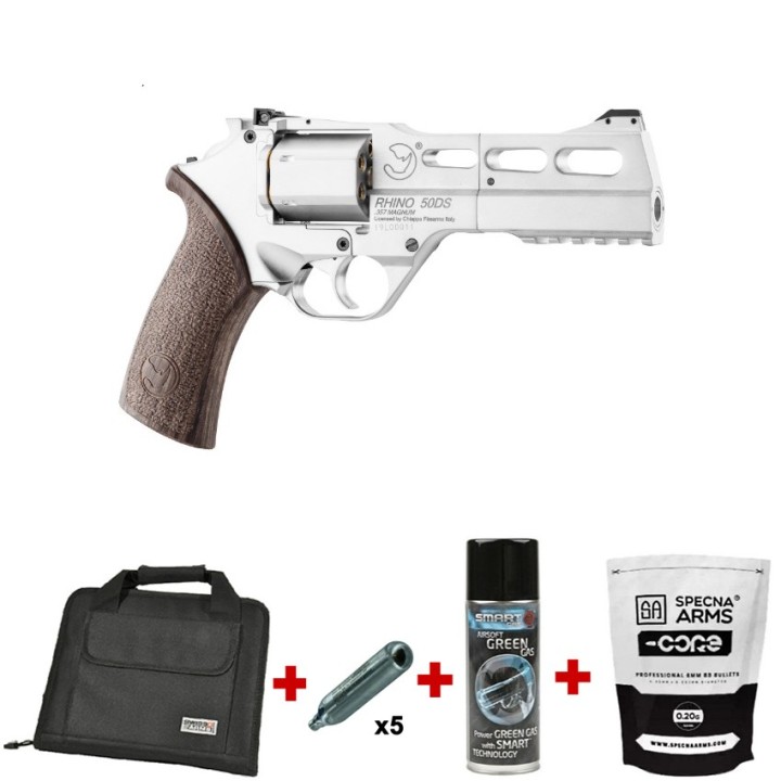 Pack Airsoft revolver CO2 CHIAPPA RHINO 50DS Silver + Co2 + billes + mallette