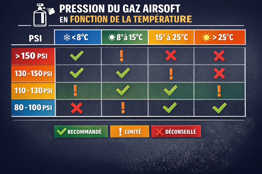 Tableau comparatif gaz airsoft GBB par pression PSI et température — Guide Univairsoft